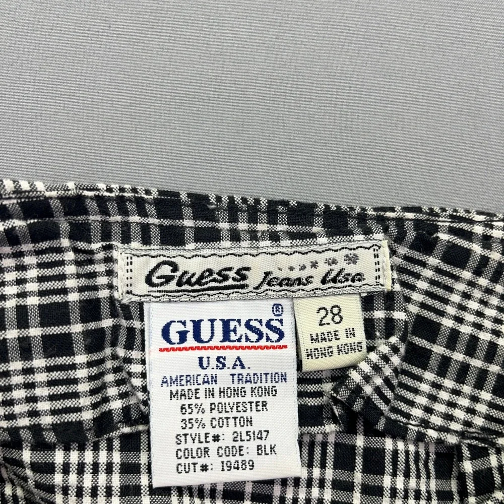 VTG Guess Plaid‎ Mini Skirt High Waist 90s Hong Kong Black White Sz 28 Fits 25